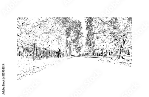 Building view with landmark of Novosibirsk is the
city in Russia. Hand drawn sketch illustration in vector.