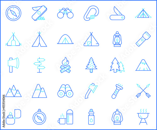 Set of camping and outdoor icons line style. It contains such Icons as travel, destination, compass, backpack, hiking, mountain, tent, compass, knife, bonfire, fire, lamp, forest and other elements.