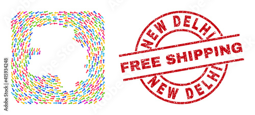 Vector mosaic New Delhi City map of movement arrows and grunge Free Shipping stamp. Mosaic geographic New Delhi City map created with color pointer arrows around rounded square carved shape.