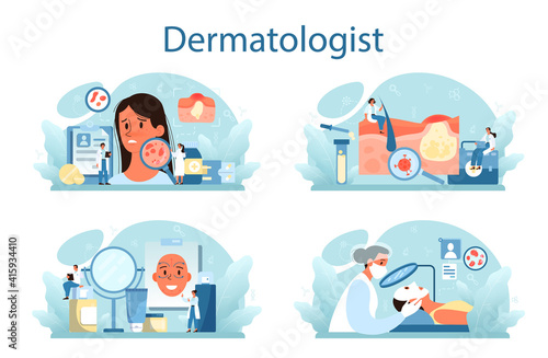 Dermatologist concept set. Dermatology specialist, face skin or acne treatment.