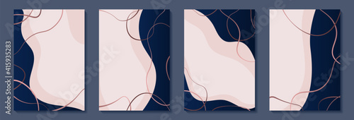 set of Luxury frame border posters with navy geometric shapes, lines, outline pink gold roses. design greeting card of wedding, birthday, Valentine Day, mother day, anniversary, holiday party