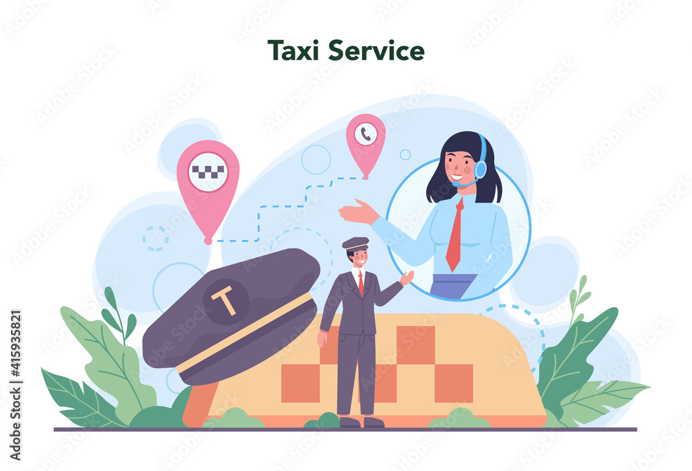 Taxi service concept. Yellow taxi car. Automobile cab with driver