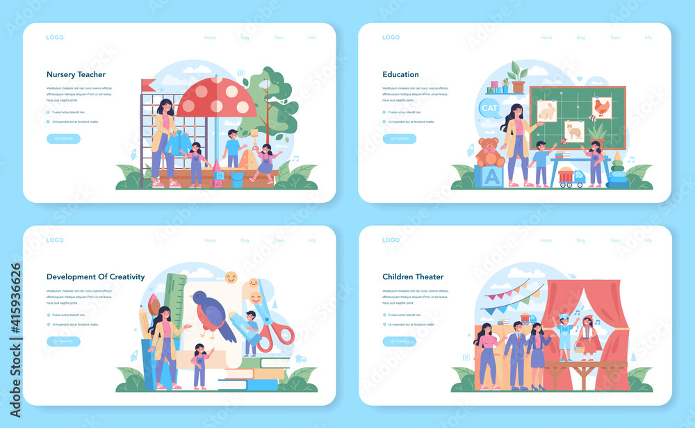Nursery teacher web banner or landing page set. Professional nany and children