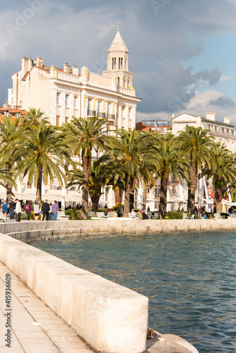 Croatia, Split. Riva and Diocletian's Palace, St. Domnius Cathedral belltower.