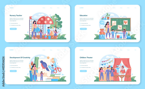 Nursery teacher web banner or landing page set. Professional nany and children