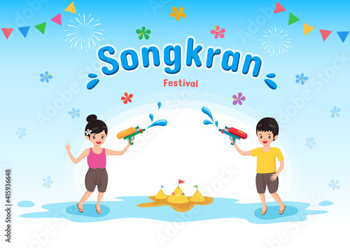 Songkran Thailand festival banner design with boy and gril plaing watergun.