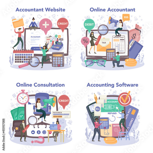 Accountant online service or platform set. Professional bookkeeper.
