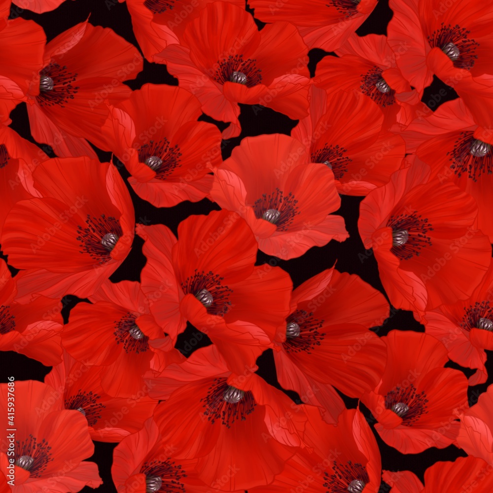 Fototapeta premium Hand drawn illustrations red poppy on black background design for seamless pattern.