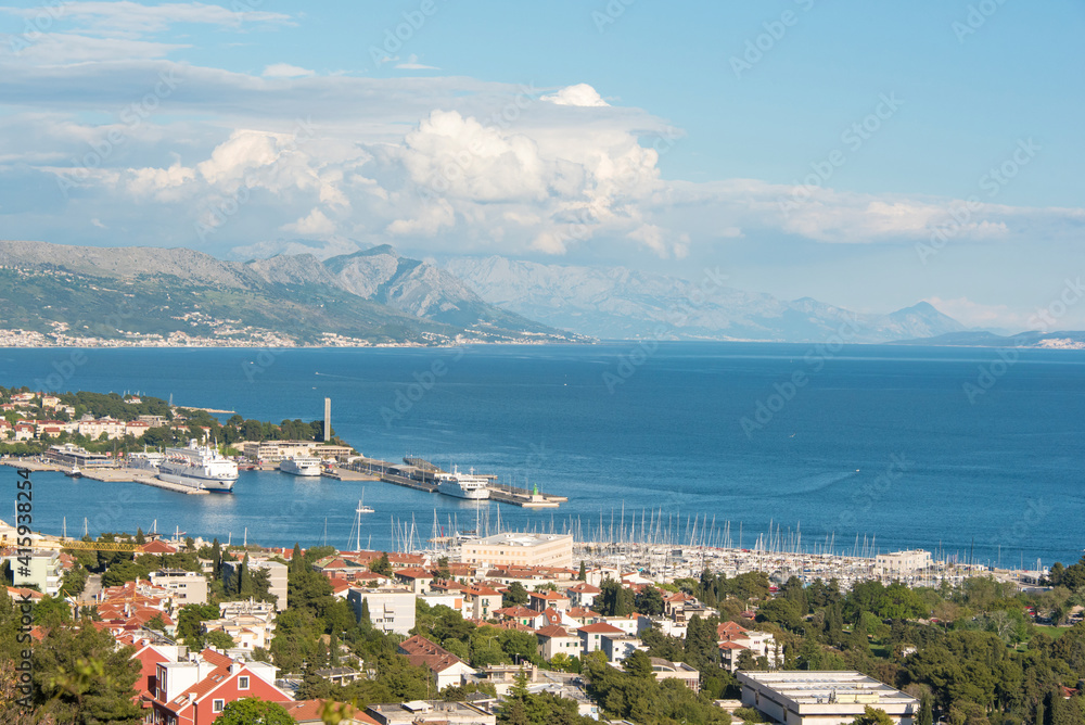 Croatia, Split. View from Marjan Hill to Split, City Harbor, Fisherman's Port, Dinaric Alps.