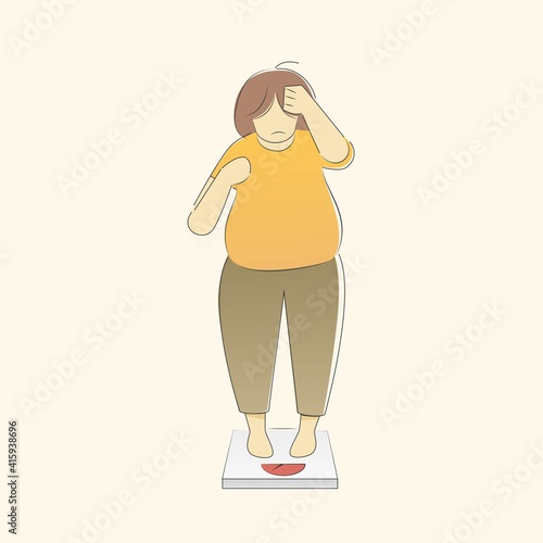 Fat obese woman standing on weight scales,her worry about  weight yourself,over size,fatty girl,overweight control concept,cartoon Healthy character,Vector illustration.