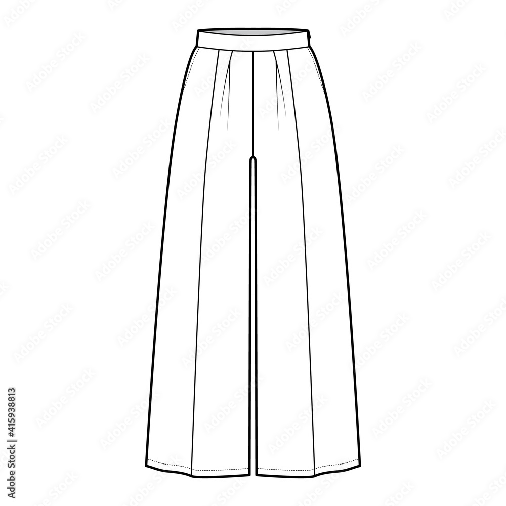 Pants gaucho technical fashion illustration with low waist, rise, single pleat, ankle cropped length, seam pockets. Flat trousers apparel template, white color. Women, men, unisex CAD mockup