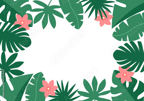 Natural tropical leaves with pink flower summer decorative  frame concept vector illustration.