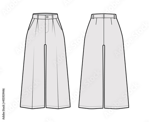 Pants capri technical fashion illustration with normal waist, high rise, single pleat, mid-calf length, wide legs, seam pockets. Flat trousers apparel template back, grey color. Women, men CAD mockup