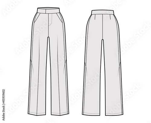 Pants tuxedo technical fashion illustration with extended normal waist, high rise, full length, slant pockets, side satin stripe. Flat trousers bottom template back, grey color. Women, men CAD mockup
