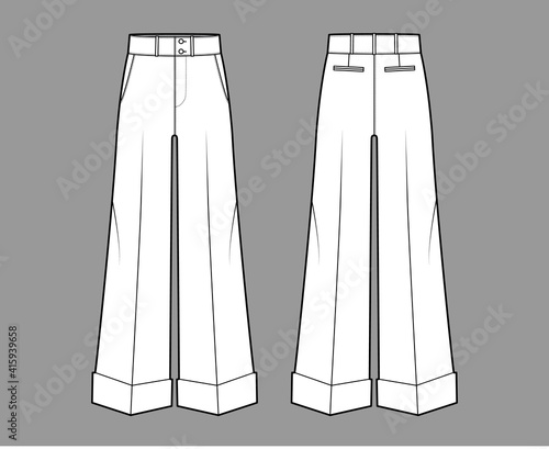 Pants oxford tailored technical fashion illustration with low waist, rise, full length, slant slashed jetted pockets. Flat trousers apparel template front back white color. Women men unisex CAD mockup