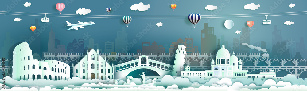 Travel italy famous landmarks Europe downtown by gondola,balloon,train.