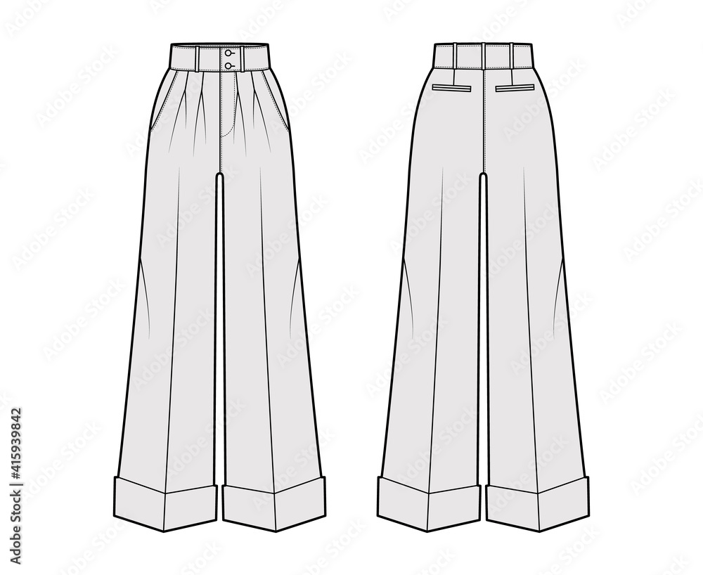 Pants oxford tailored technical fashion illustration with normal waist, high rise, full length, double pleat, slant jetted pockets. Flat template front, back, grey color. Women men unisex CAD mockup Pants oxford tailored technical fashion illustration with normal waist, high rise, full length, double pleat, slant jetted pockets. Flat template front, back, grey color. Women men unisex CAD mockup