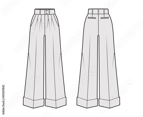 Pants oxford tailored technical fashion illustration with normal waist, high rise, full length, double pleat, slant jetted pockets. Flat template front, back, grey color. Women men unisex CAD mockup
