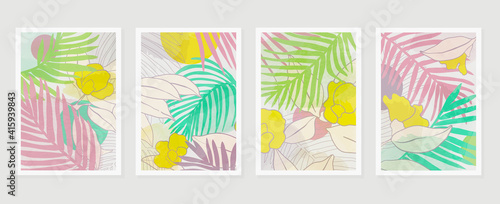 summer tropical wall arts vector. Palm leaves, coconut leaf, monstera leaf, line arts, Botanical  background design for wall framed prints, canvas prints, poster, home decor, cover, wallpaper.