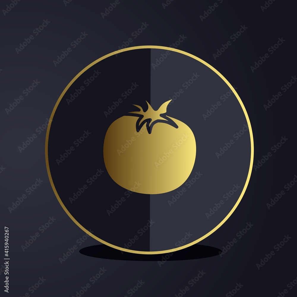 Dark premium tomato icon logo with gold colored glyph icon style Dark premium tomato icon logo with gold colored glyph icon style