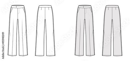 Pants tuxedo technical fashion illustration with extended low waist, rise, full length, slant pockets, side satin stripe. Flat trousers apparel template back, white, grey color. Women, men, CAD mockup