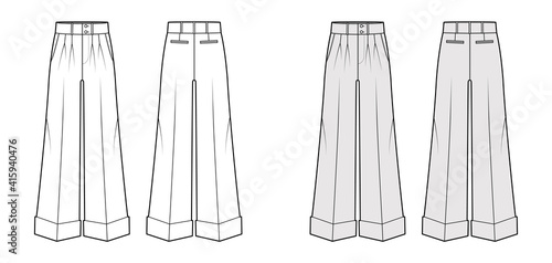 Pants oxford tailored technical fashion illustration with low waist, rise, full length, double pleat, slant slashed jetted pockets. Flat trousers template front, back white, grey color. Women men CAD