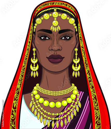 African beauty: animation portrait of the beautiful black woman in a traditional ethnic jewelry. Princess, Bride, Goddess.Vector illustration isolated on a white background. Print, poster, t-shirt