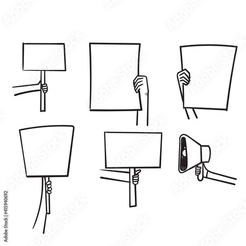 hand drawn doodle hand holding banner symbol for Protesters icon isolated