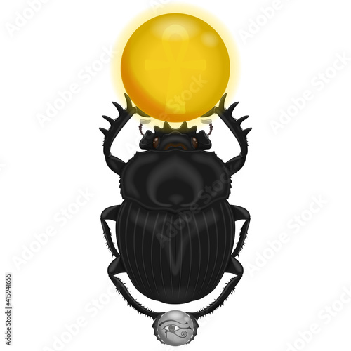 Ancient Egyptian iconography, Scarab with symbol of the eye of horus and ankh cross, dung beetle from Egyptian mythology