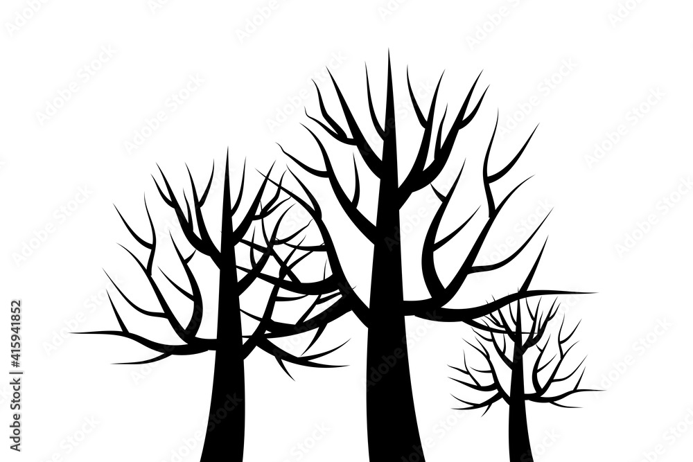 Three black trees. Trees without roots. Black elements of nature. Stock image. EPS 10. Three black trees. Trees without roots. Black elements of nature. Stock image. EPS 10.