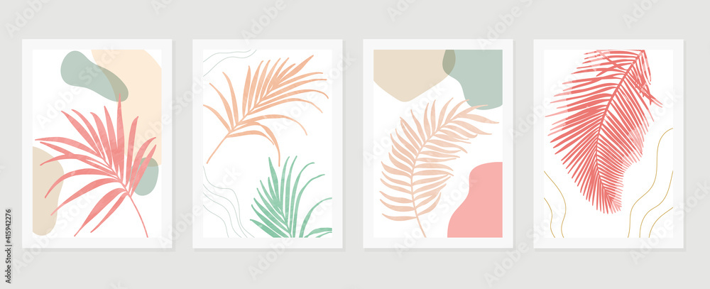 summer tropical wall arts vector. Palm leaves, monstera leaf, Botanical  background design for wall framed prints, canvas prints, poster, home decor, cover, wallpaper.