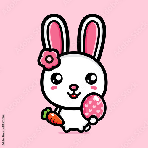 vector design of cute cartoon bunny holding easter egg and carrots