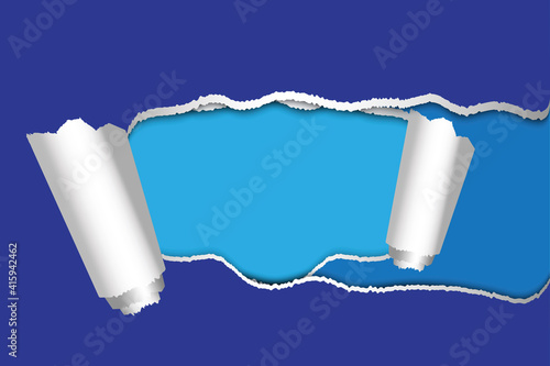 Blue torn paper. Torn horizontal paper on a light blue background. Stock image. EPS 10.