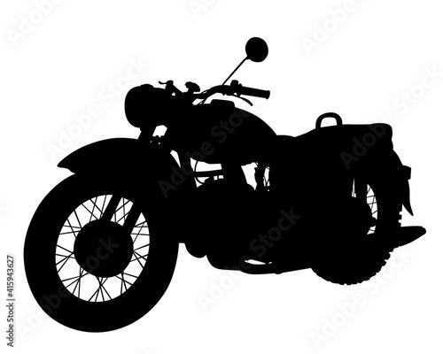 Retro motorcycle rides on the road. Isolated object on white background