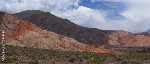 The Andes mountain range. Panorama view of the valley and colorful mountains under a beautiful sky.