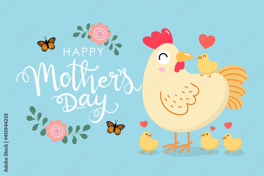 Happy Mother's Day greeting card with cute hen and eggs. Chicken and baby. Animal cartoon character set. Vector in flat style. Happy Mother's Day greeting card with cute hen and eggs. Chicken and baby. Animal cartoon character set. Vector in flat style.