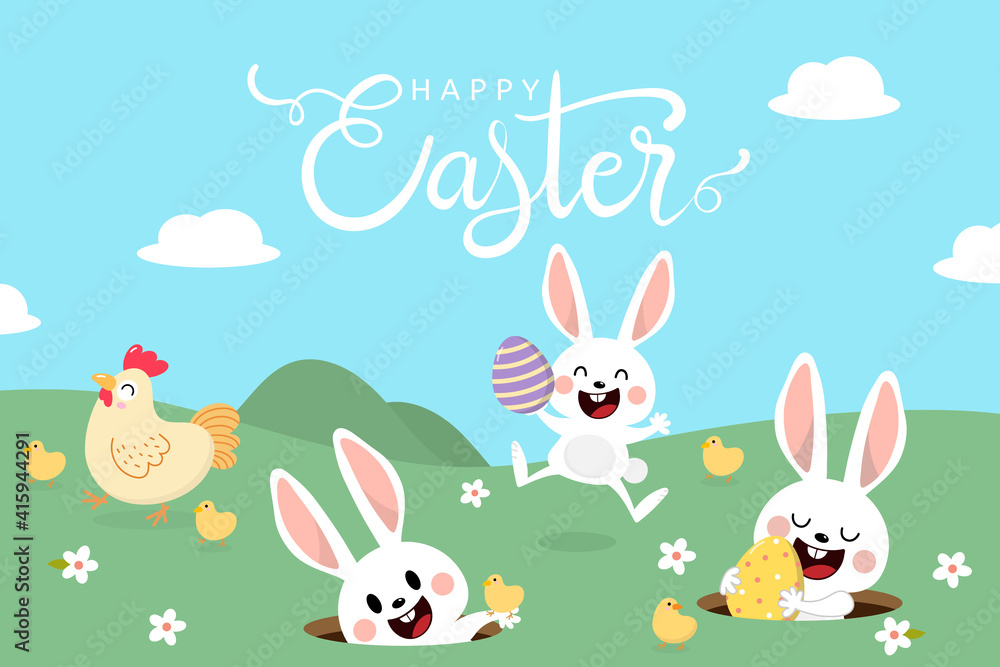 Happy Easter greeting card with cute white bunny and eggs. Rabbit character set. Animal wildlife holidays cartoon. -Vector. Happy Easter greeting card with cute white bunny and eggs. Rabbit character set. Animal wildlife holidays cartoon. -Vector.