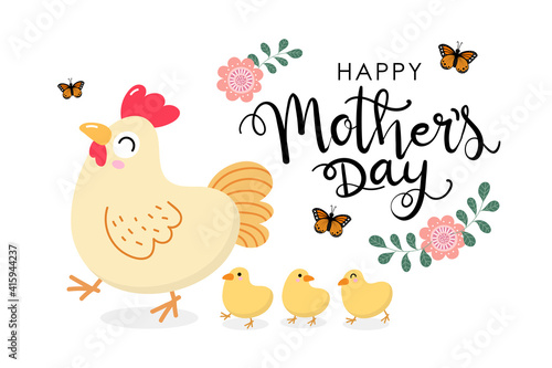 Happy Mother's Day greeting card with cute hen and eggs. Chicken and baby. Animal cartoon character set. Vector in flat style.