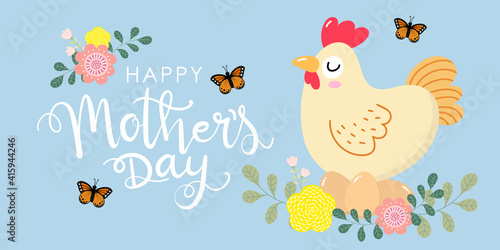 Happy Mother's Day greeting card with cute hen and eggs. Chicken and baby. Animal cartoon character set. Vector in flat style.