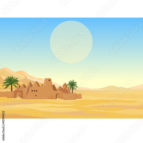 Decorative landscape - desert, African ancient mosque. Place for text. Vector illustration. 