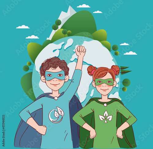 Two cute children super heroes. Protect and save Earth Planet vector concept