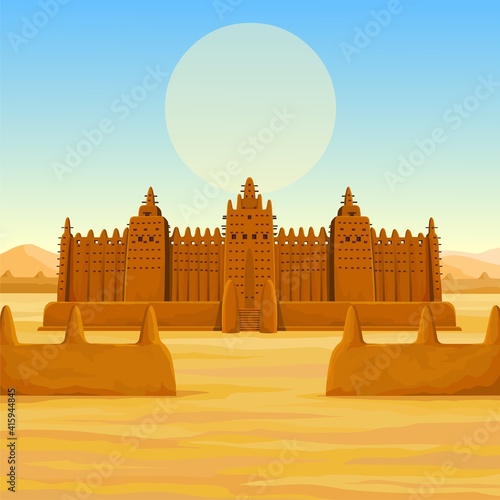  African architecture. The animation ancient building from clay. Background - a landscape the desert, the sky, a symbol of the sun. Color drawing. Vector illustration. photo