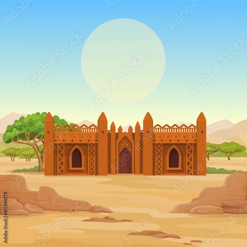 African architecture. The animation ancient building from clay. Background - a landscape the desert, the sky, a symbol of the sun. Color drawing. Vector illustration.
