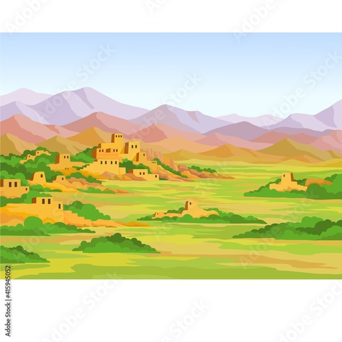 Animation  colorful landscape, ruins of the ancient city on a  background of mountains. Vector illustration.