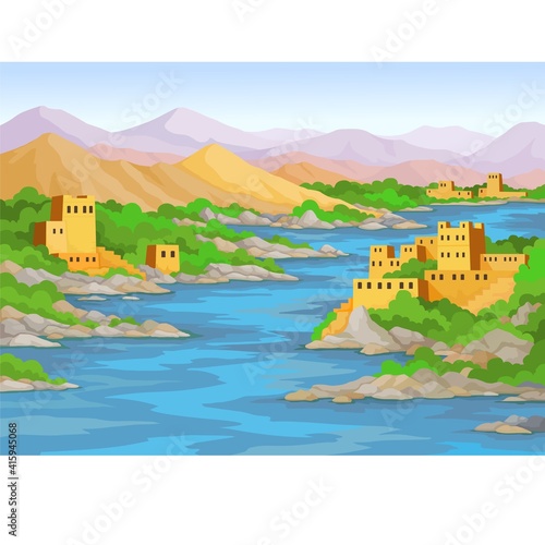 Animation landscape: river, ancient east city, mountains. Vector illustration.