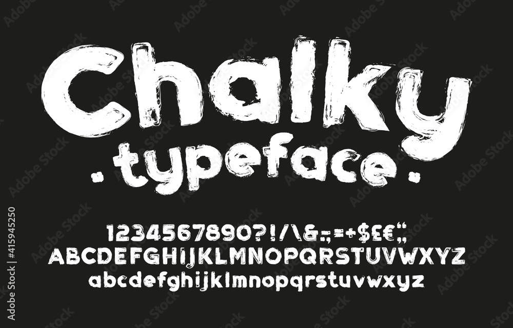 Chalky alphabet font. Hand drawn uppercase and lowercase letters, numbers and symbols. Stock vector typescript for your design.