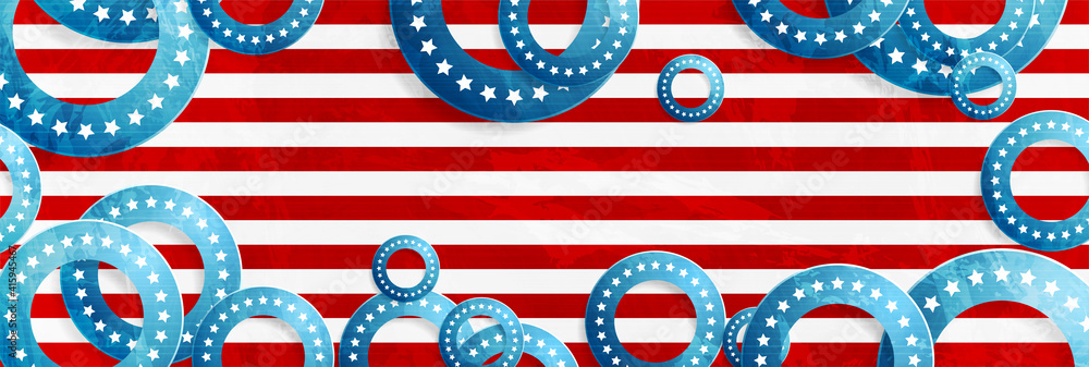 USA colors, stars and circles abstract grunge banner design. Independence Day modern background. Concept american flag. Vector illustration