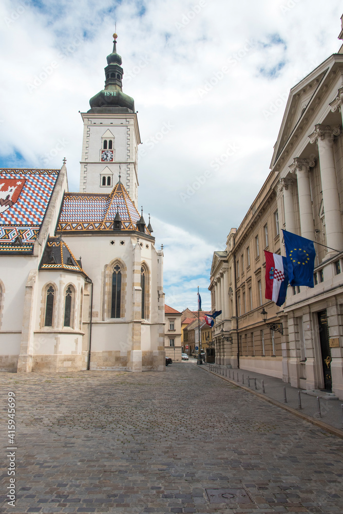 Fototapeta premium Croatia, Zagreb. St. Mary Church, Parliament bldg. St. Mary Square. Nobody.