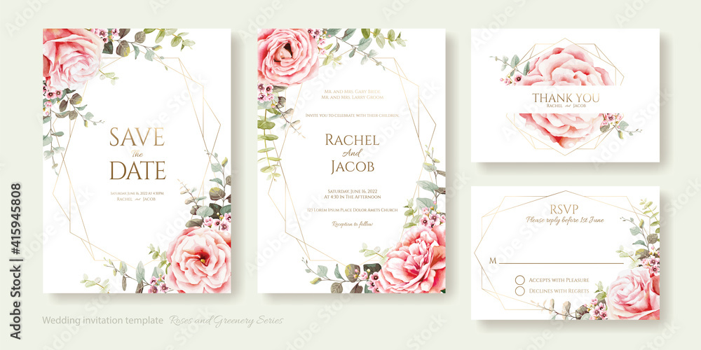 Wedding Invitation, save the date, thank you, rsvp card Design template. Vector. Pink rose, eucalyptus leaves. Watercolor style.