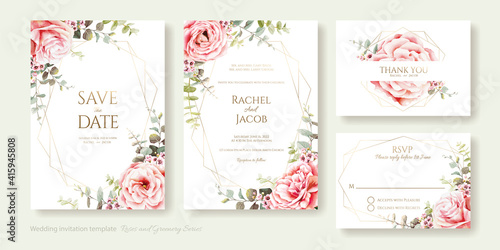 Wedding Invitation  save the date  thank you  rsvp card Design template. Vector. Pink rose  eucalyptus leaves. Watercolor style.